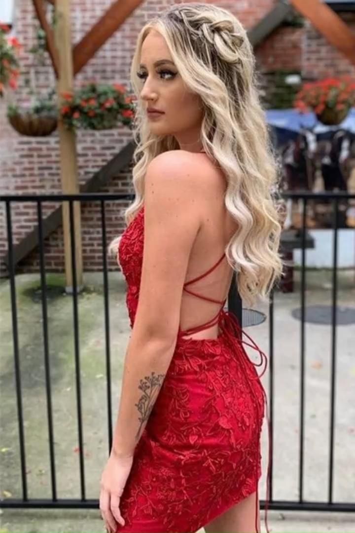 PM276,Red lace beaded homecoming dresses bodycon mini prom dress