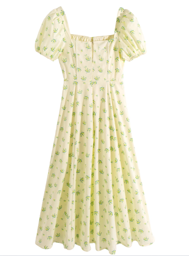 2025 Summer New French Square Neck Puff Sleeve Small Fresh Floral Long Dress R0958