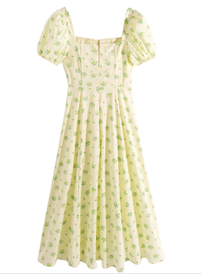2025 Summer New French Square Neck Puff Sleeve Small Fresh Floral Long Dress R0958