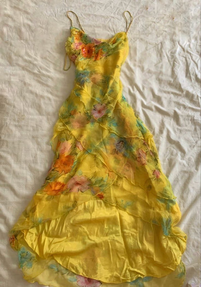 Bright yellow retro pattern waist slim fit sexy long skirt homecoming dress R2721