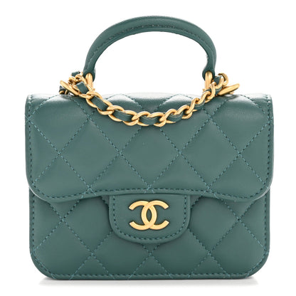 Lambskin Quilted Top Handle Flap Coin Purse With Chain Green