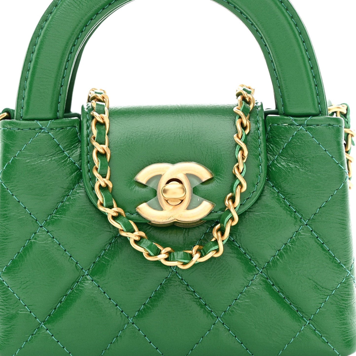 Shiny Aged Calfskin Quilted Mini Nano Kelly Shopper Green