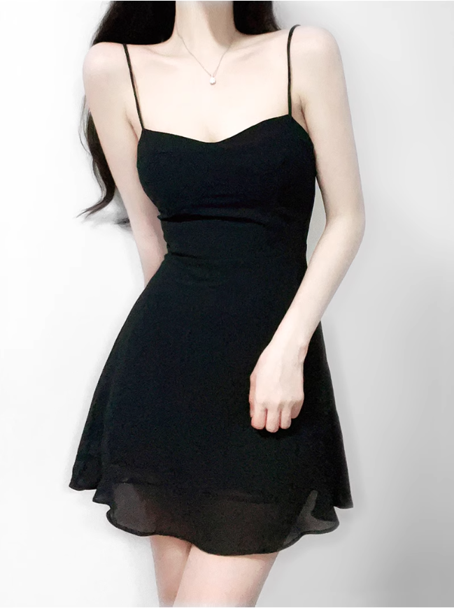 2025 summer new sexy petite pure black slim short suspender dress R0946
