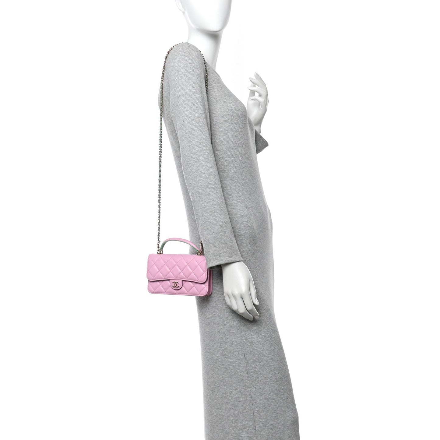 Lambskin Quilted Flap Phone Holder With Chain Lilac Light Green