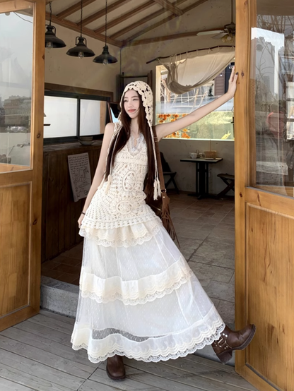 Fairy temperament wear a complete set of lace suspenders knitted vest skirt layered wear R1734