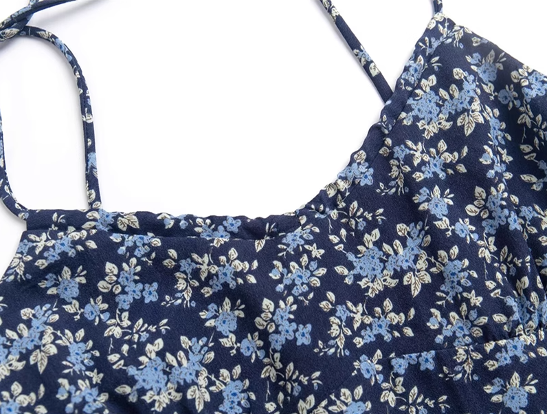 2025 Summer New Blue Floral Vacation Petite Short A-line Suspender Dress R0935