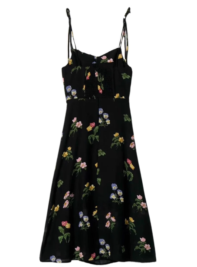 2025 summer new retro black floral waist slim sexy suspender dress R0917