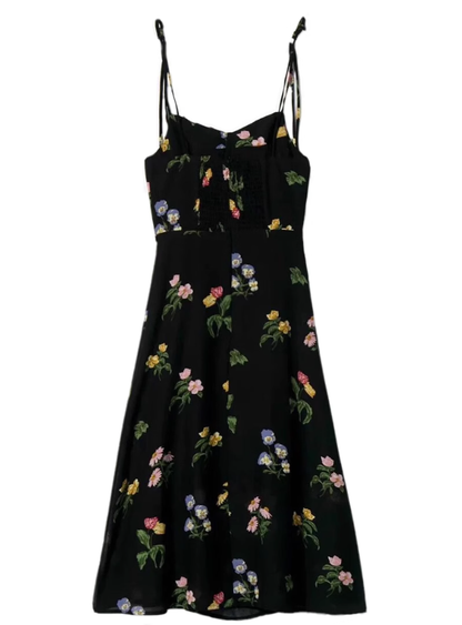 2025 summer new retro black floral waist slim sexy suspender dress R0917