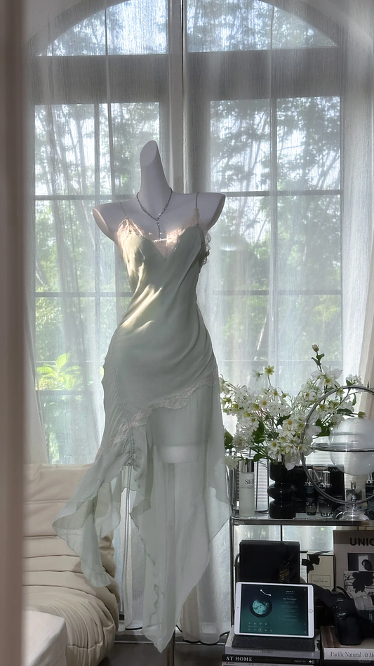 Vintage Mint Green Irregular Lace Hem Spaghetti Strap Design Chiffon Prom Dress Evening Dress TP4246