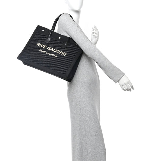 Raffia Linen Calfskin Rive Gauche Tote Black