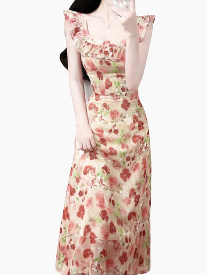 2025 Summer New French Romantic Floral Sweet Waist Flying Sleeveless Dress R0937