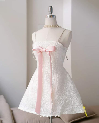 White suspender bow slim fit princess puffy skirt homecoming dress R2559