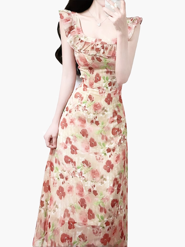 2025 Summer New French Romantic Floral Sweet Waist Flying Sleeveless Dress R0937