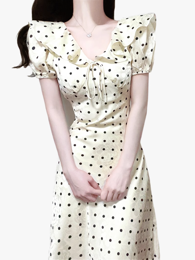 2025 Summer New French Gentle Style Polka Dot Puff Sleeves Ruffled V-Neck Dress R0912