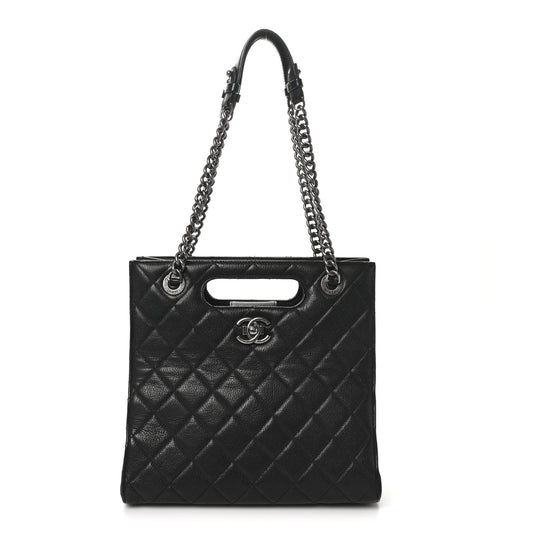 Goatskin Quilted Small Perfect Edge Shopping Tote Black