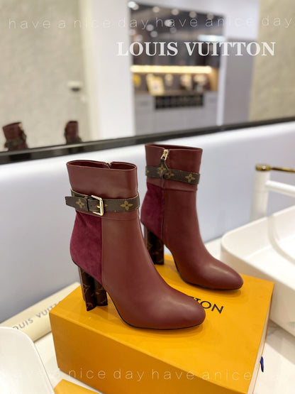 LV 26s Silhouette Ankle Boot 10cm Burgundy Cowhide Suede & Monogram Canvas 574029