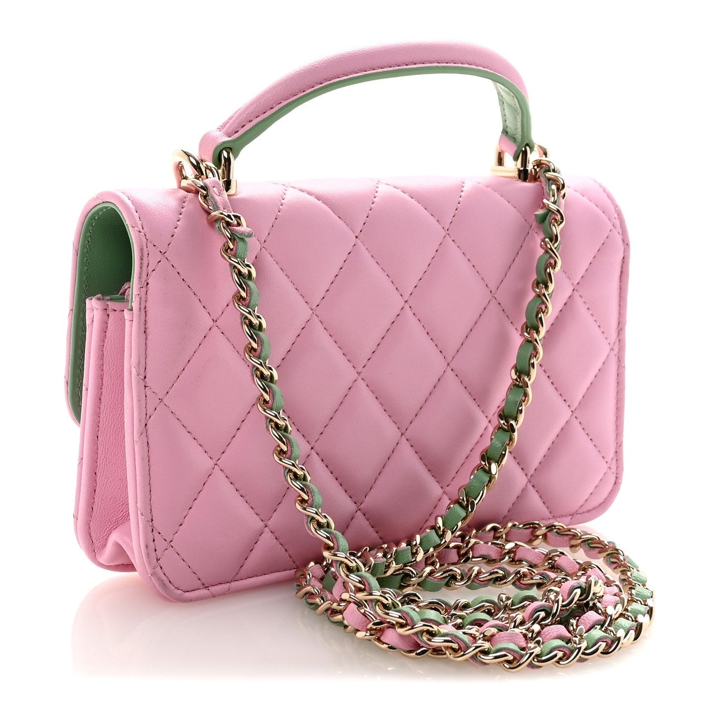 Lambskin Quilted Flap Phone Holder With Chain Lilac Light Green