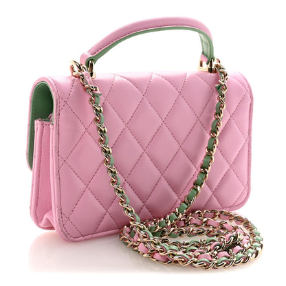 Lambskin Quilted Flap Phone Holder With Chain Lilac Light Green