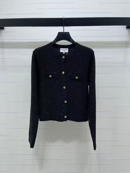 Chanel 2026 Sequined Crew Neck Knit Cardigan Silk Wool