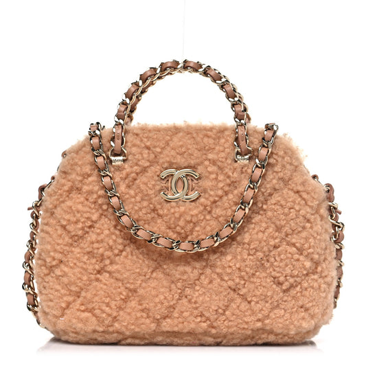 Shearling Quilted Shiny Coco Clutch With Chain Dark Beige