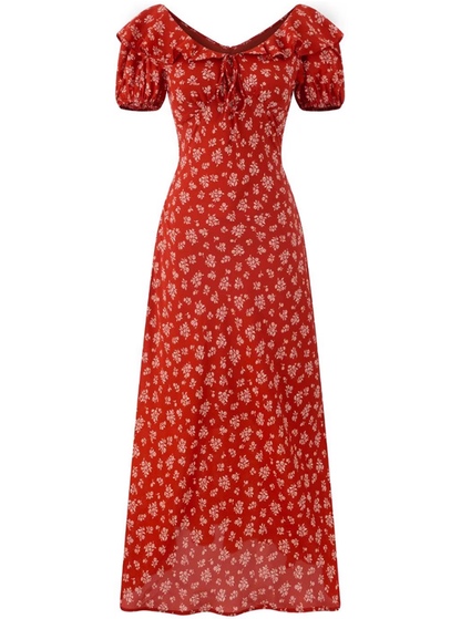 2025 Summer New Red Floral Tea Break Ruffled V-Neck French Waist Dress R0918