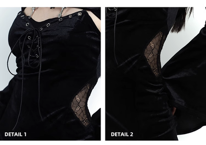 Chic Retro Goth Black Velvet Shawl Spaghetti Strap Dress TP2913