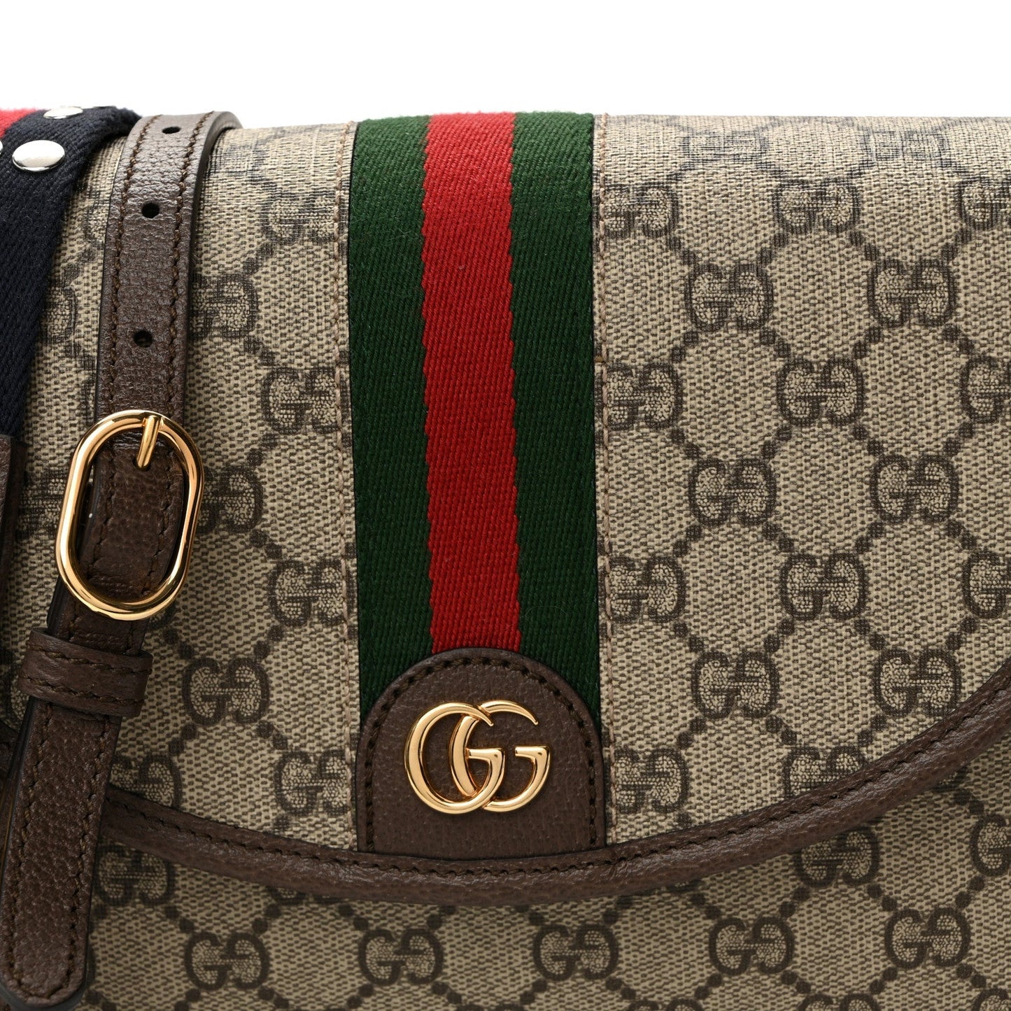 GG Supreme Monogram Textured Dollar Calfskin Web Studded Mini Ophidia Flap Shoulder Bag Beige Ebony New Acero