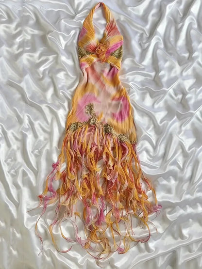 Vintage Chiffon Halter-neck Prom Dress Sheath Ruffled Evening Dress Formal Dress TP4673