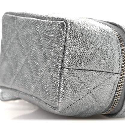 Metallic Caviar Quilted Mini Top Handle Vanity With Chain Silver