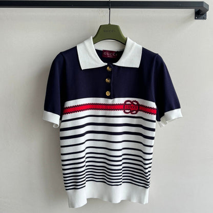 Gucci Striped Polo Knitted Top Cotton