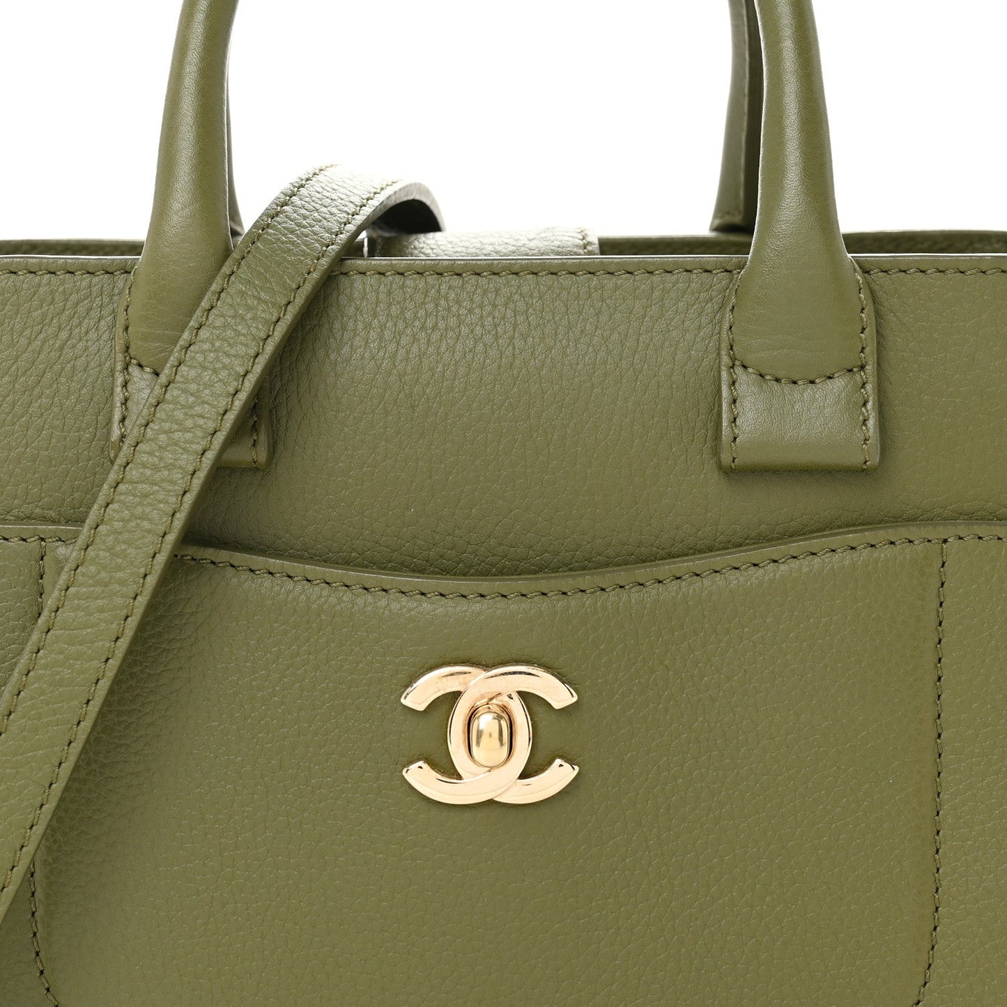 Grained Calfskin Mini Neo Executive Shopper Tote Khaki
