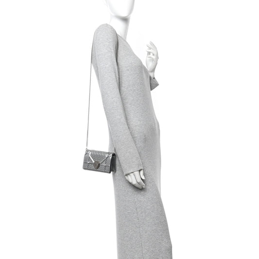 Metallic Patent Micro-Cannage Baby Diorama Flap Bag Silver