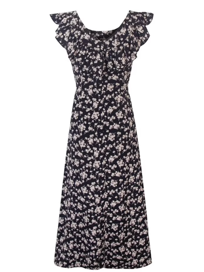 2025 Summer New French Black Floral Ruffled Medium Length Square Neck Dress R0914