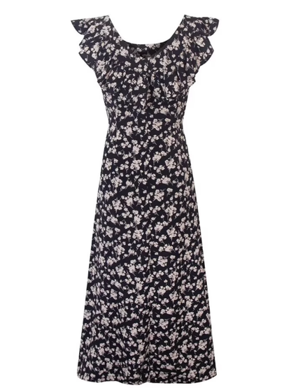 2025 Summer New French Black Floral Ruffled Medium Length Square Neck Dress R0914