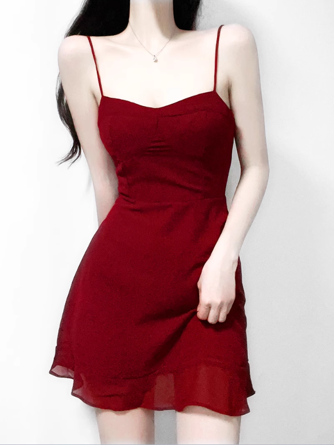 2025 summer new sexy petite wine red holiday short suspender dress R0916