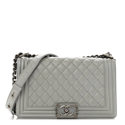 Metallic Lambskin Quilted Medium Boy Flap Silver