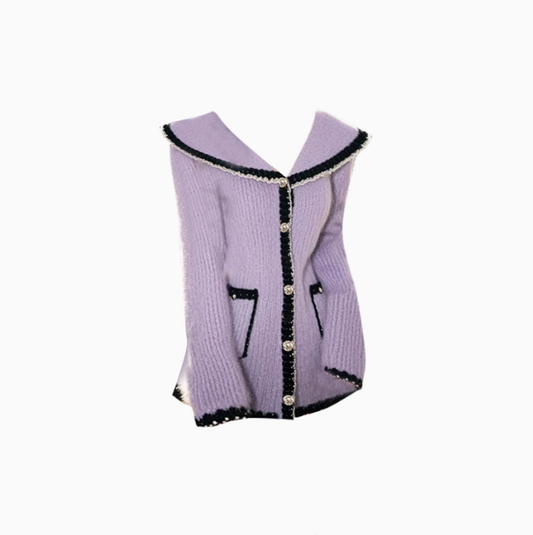 2025 elegant lady knitted sweater cardigan with fur lapel R1322