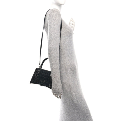 Shiny Calfskin Monochrome Crocodile Embossed Small Hourglass Top Handle Bag Black