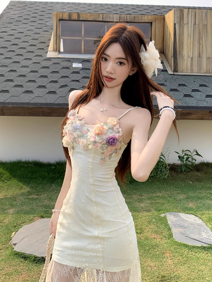 Fairy V-neck suspender dress heavy three-dimensional flower lace embroidery fishtail long skirt R1749