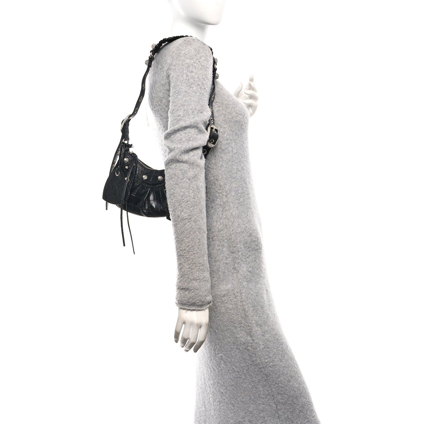 Extra Supple Calfskin Crystal Crocodile Embossed Le Cagole Shoulder Bag XS Black
