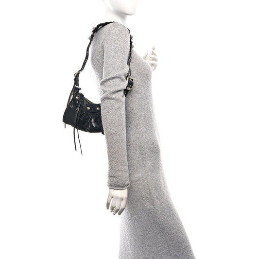 Extra Supple Calfskin Crystal Crocodile Embossed Le Cagole Shoulder Bag XS Black