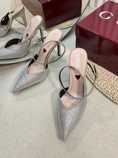 HIGH SLINGBACK 10 CM IN BEIGE SILK WITH FULL RHINSTONES