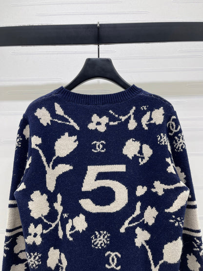 CC Double C Floral Jacquard Long-Sleeved Sweater Navy Blue Cashemere 344097