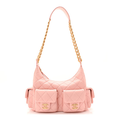 Shiny Lambskin Quilted Trendy Pockets Hobo Light Pink