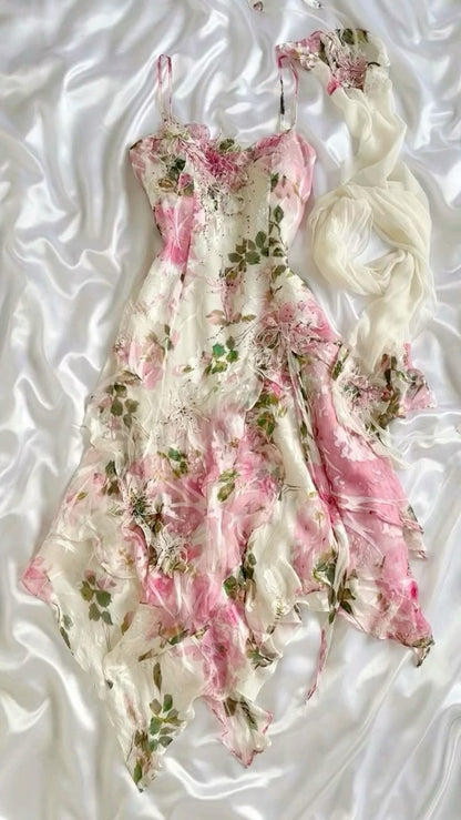 Pink printed suspenders waist slim fit sexy irregular skirt dress homecoming dress R2628