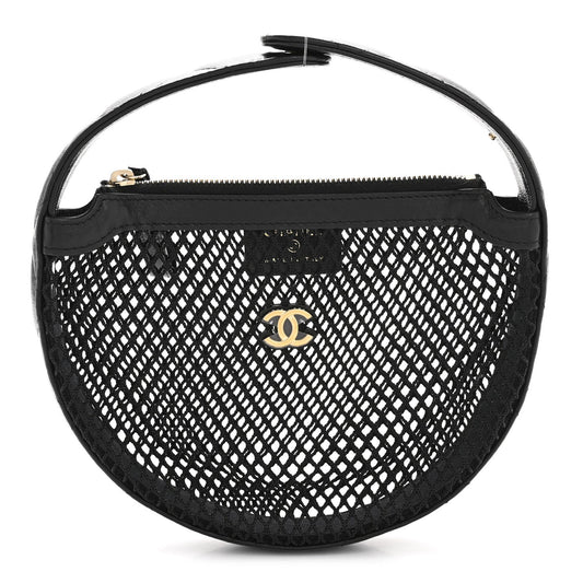 Mesh Shiny Lambskin Pouch Hobo Black