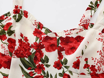 2025 Summer New French High Waist Holiday Red Floral Sling Short Dress R0961