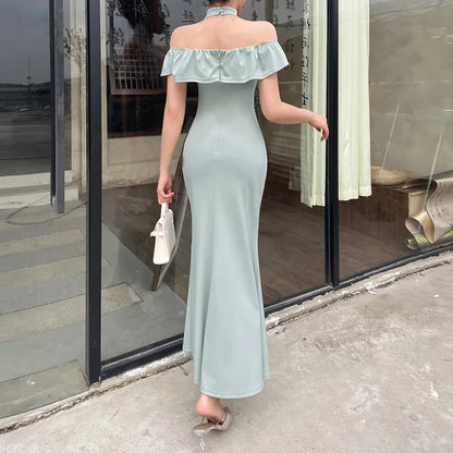Off-Shoulder Ruffled Midi Mermaid Dress       S6739