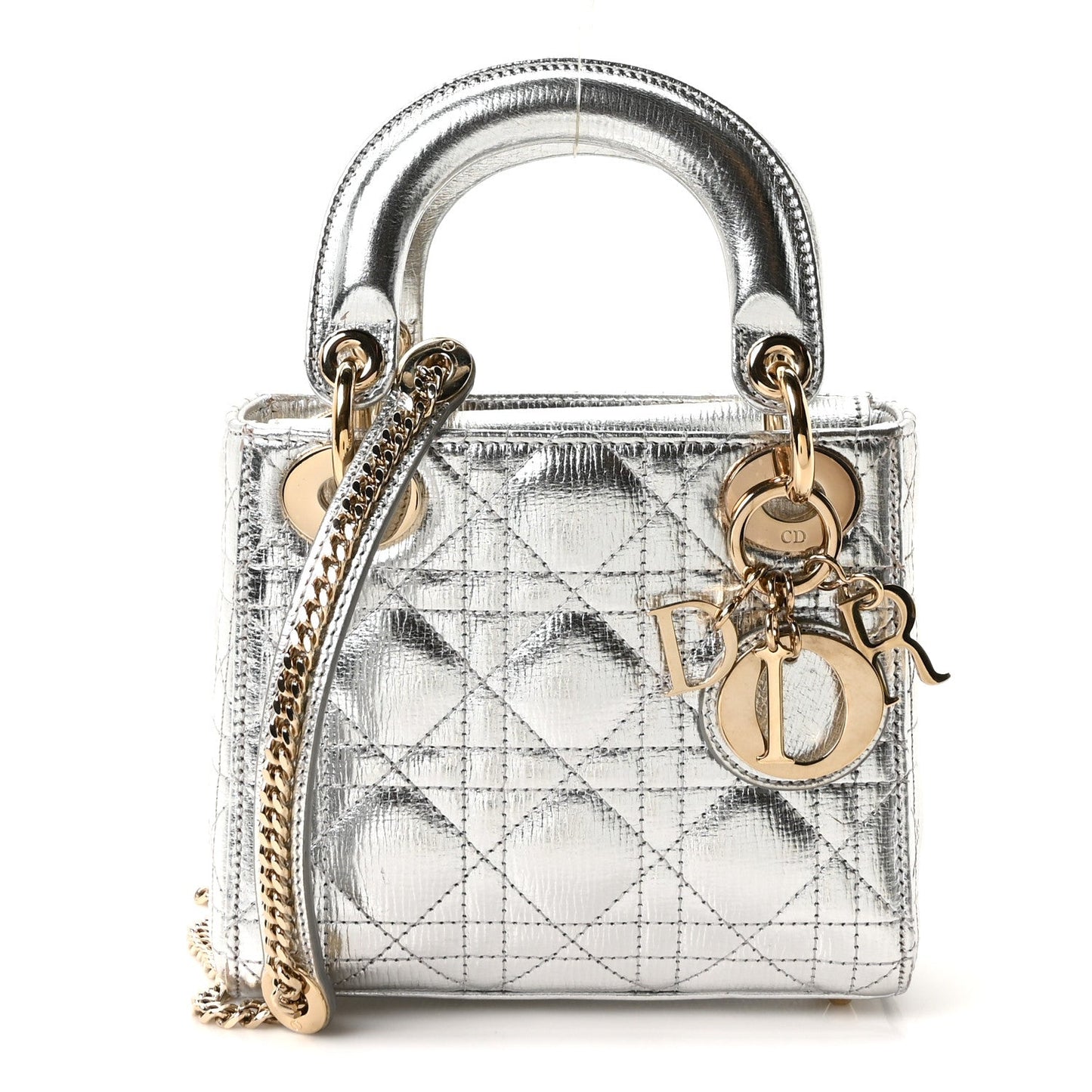 Metallic Grained Calfskin Cannage Mini Lady Dior Silver