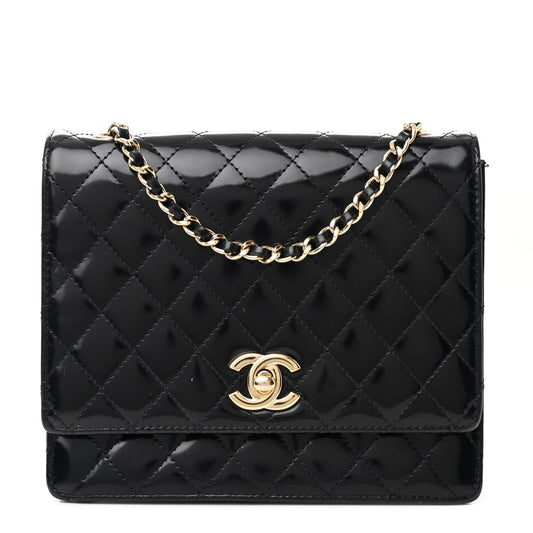 Patent Calfskin Quilted Mini Square Flap Black